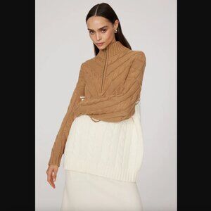 Staud Brown Hampton Sweater, Brown and White Knit Quarter Zip, Size Small